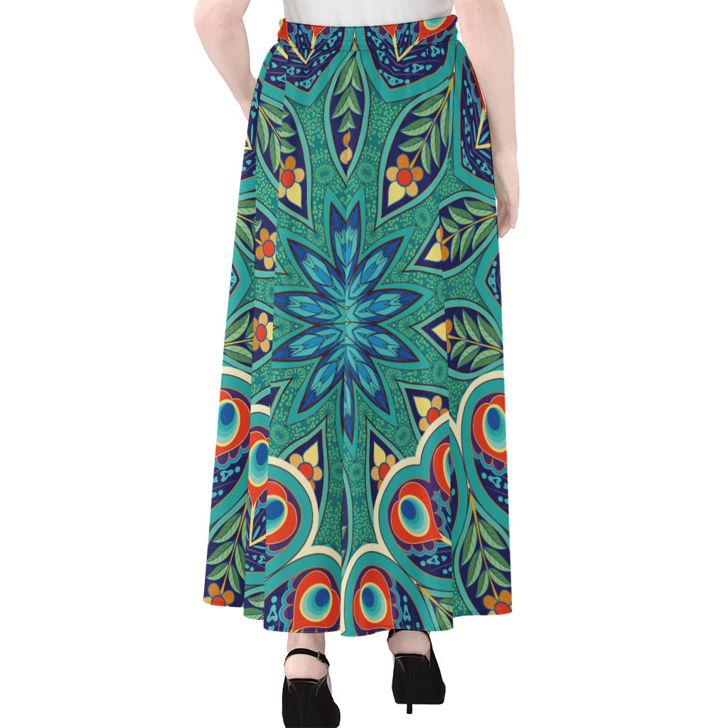 Peacock Feather Floral Pattern Print Chiffon Maxi Skirt