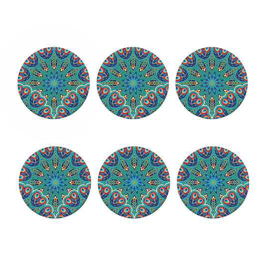 Peacock Feather Floral Pattern Print Coaster Set