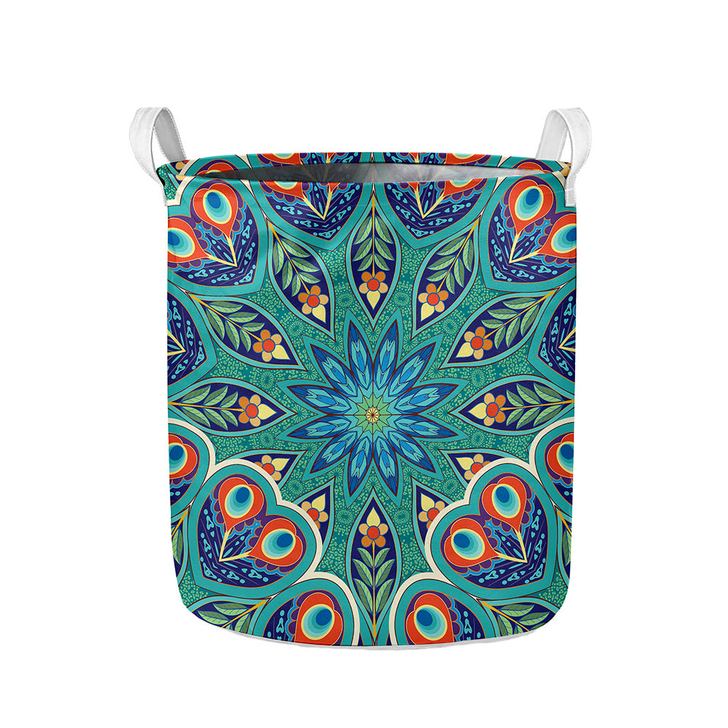 Peacock Feather Floral Pattern Print Collapsible Laundry Basket