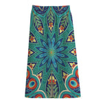 Peacock Feather Floral Pattern Print Cotton Front Slit Maxi Skirt