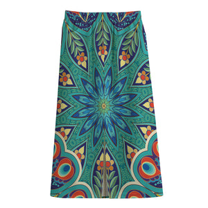 Peacock Feather Floral Pattern Print Cotton Front Slit Maxi Skirt