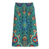 Peacock Feather Floral Pattern Print Cotton Front Slit Maxi Skirt