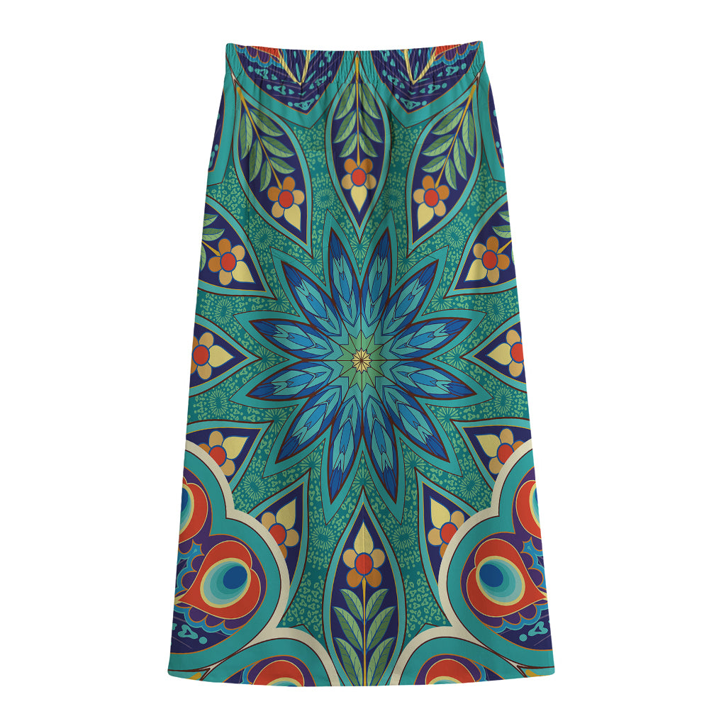 Peacock Feather Floral Pattern Print Cotton Front Slit Maxi Skirt