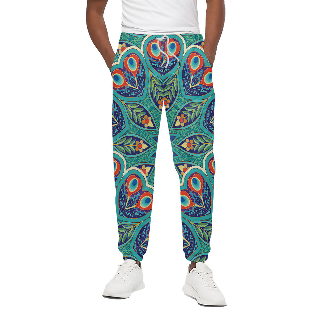 Peacock Feather Floral Pattern Print Cotton Pants