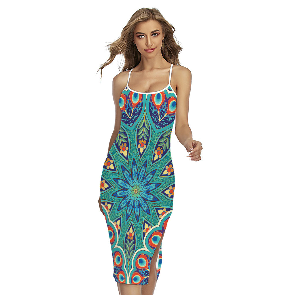 Peacock Feather Floral Pattern Print Cross Back Cami Dress