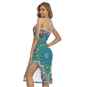 Peacock Feather Floral Pattern Print Cross Back Cami Dress