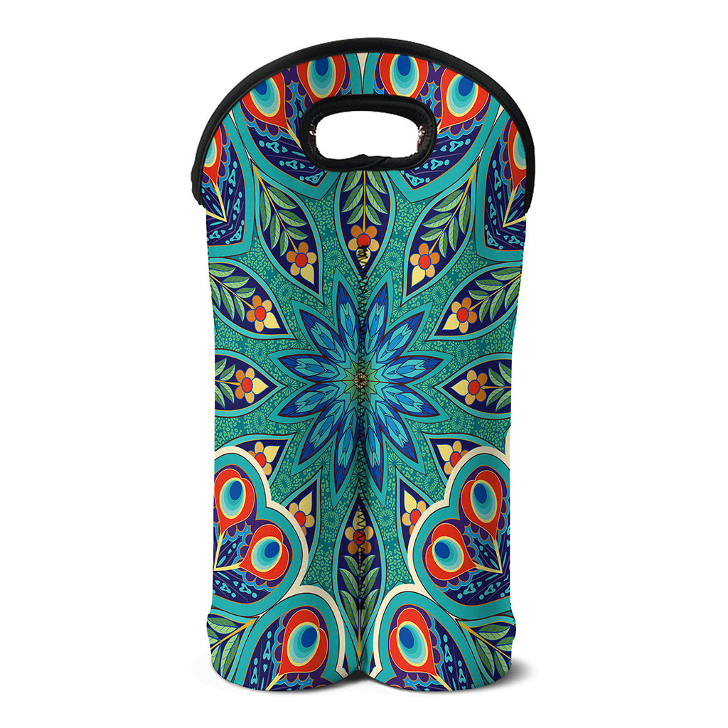 Peacock Feather Floral Pattern Print Double Neoprene Wine Tote