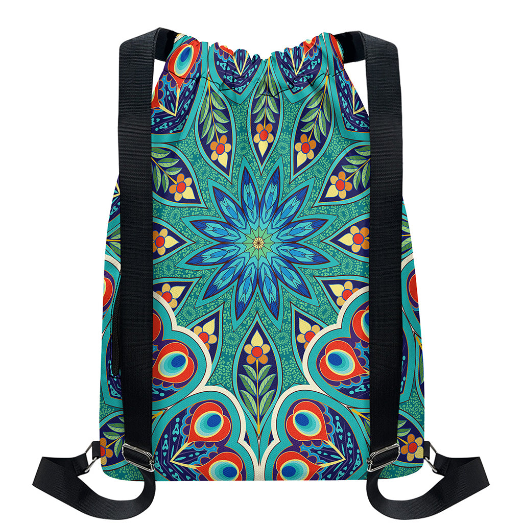 Peacock Feather Floral Pattern Print Drawstring Backpack