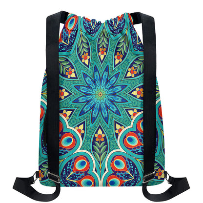 Peacock Feather Floral Pattern Print Drawstring Backpack