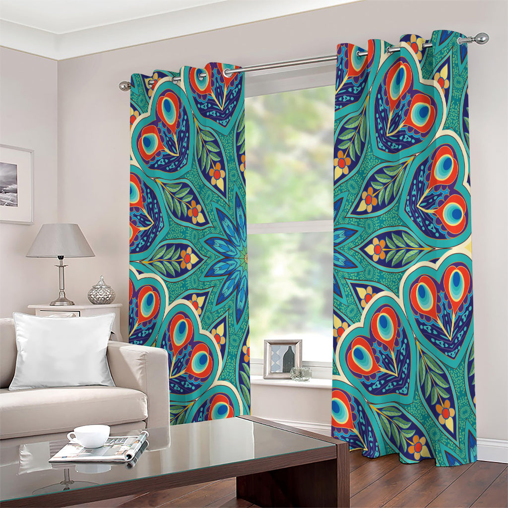 Peacock Feather Floral Pattern Print Extra Wide Grommet Curtains