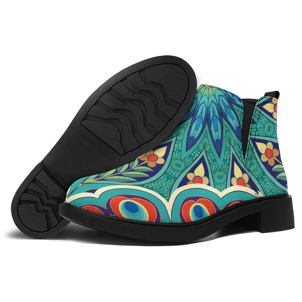 Peacock Feather Floral Pattern Print Flat Ankle Boots