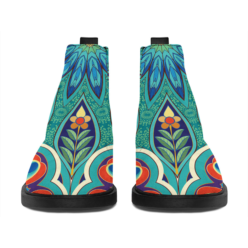 Peacock Feather Floral Pattern Print Flat Ankle Boots