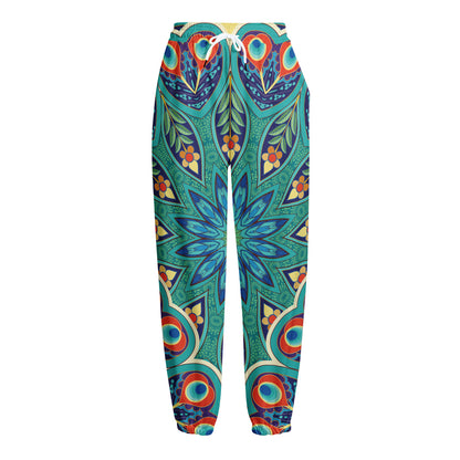 Peacock Feather Floral Pattern Print Fleece Lined Knit Pants