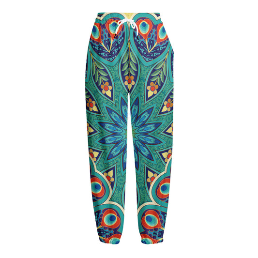 Peacock Feather Floral Pattern Print Fleece Lined Knit Pants