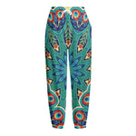 Peacock Feather Floral Pattern Print Fleece Lined Knit Pants