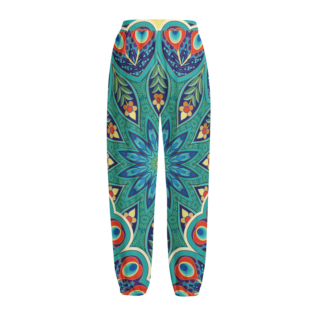 Peacock Feather Floral Pattern Print Fleece Lined Knit Pants