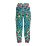 Peacock Feather Floral Pattern Print Fleece Lined Knit Pants