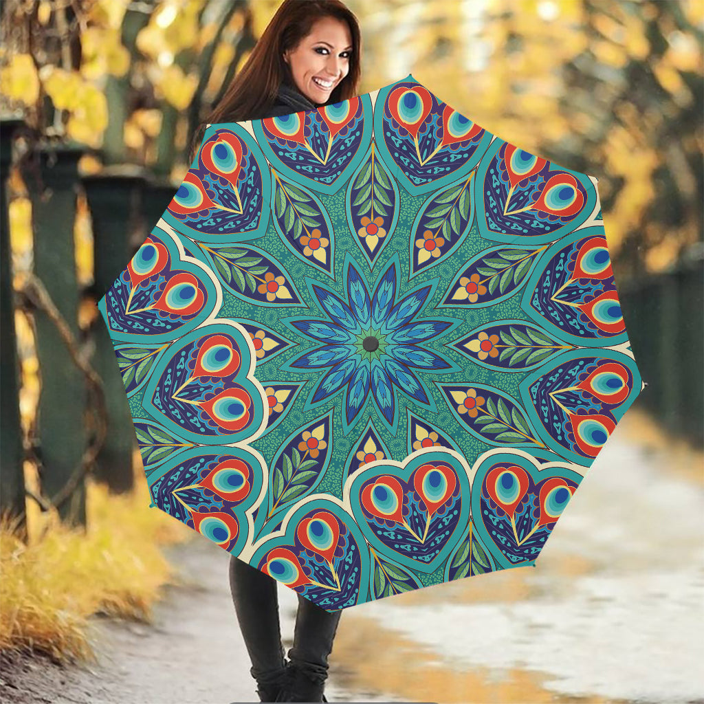 Peacock Feather Floral Pattern Print Foldable Umbrella