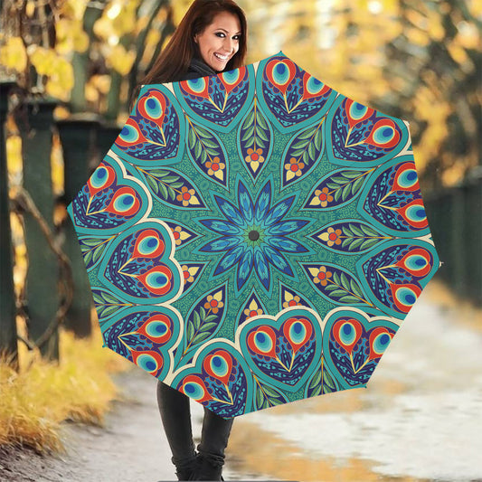 Peacock Feather Floral Pattern Print Foldable Umbrella