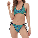 Peacock Feather Floral Pattern Print Halter Scoop Tie Side Bikini