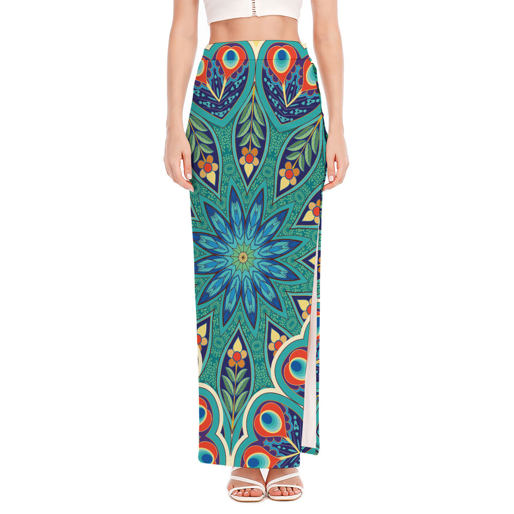 Peacock Feather Floral Pattern Print High Slit Maxi Skirt