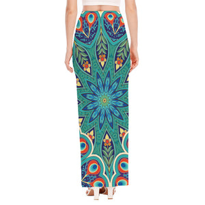 Peacock Feather Floral Pattern Print High Slit Maxi Skirt