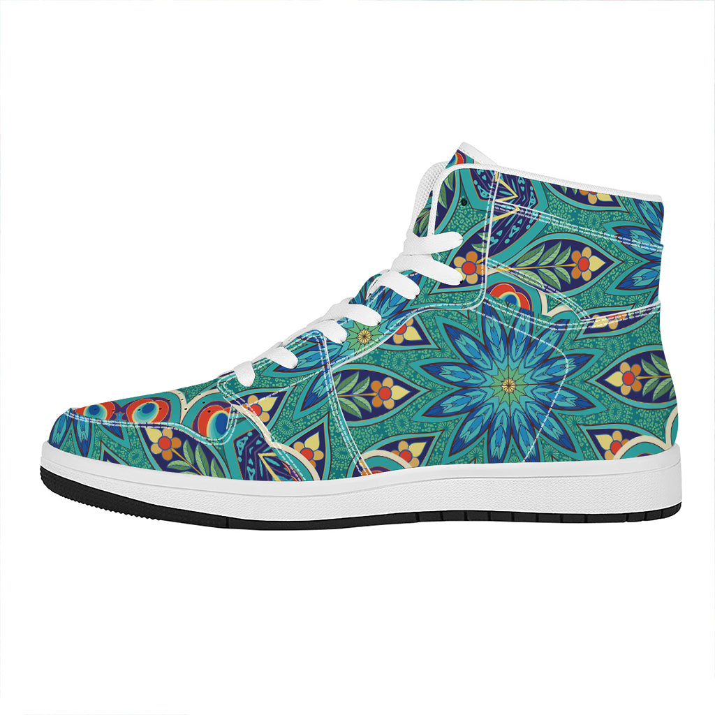 Peacock Feather Floral Pattern Print High Top Leather Sneakers