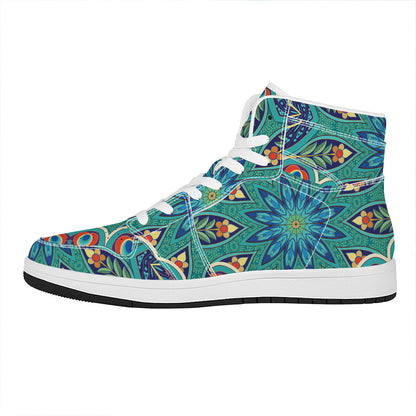 Peacock Feather Floral Pattern Print High Top Leather Sneakers