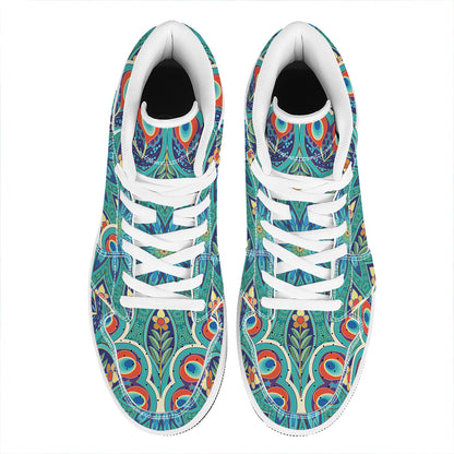 Peacock Feather Floral Pattern Print High Top Leather Sneakers