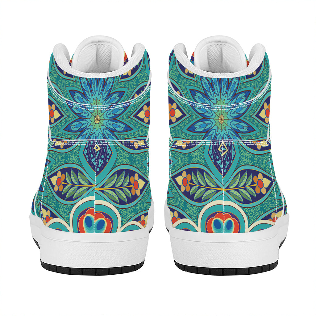 Peacock Feather Floral Pattern Print High Top Leather Sneakers