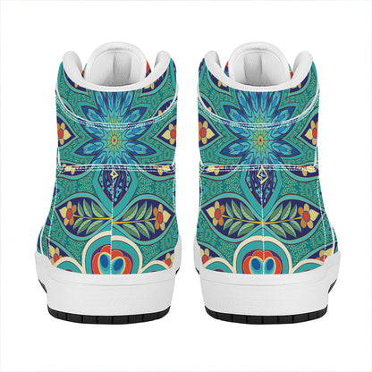 Peacock Feather Floral Pattern Print High Top Leather Sneakers