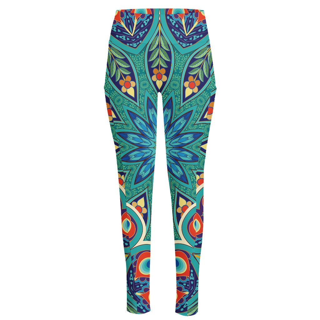 Peacock Feather Floral Pattern Print High-Waisted Pocket Leggings