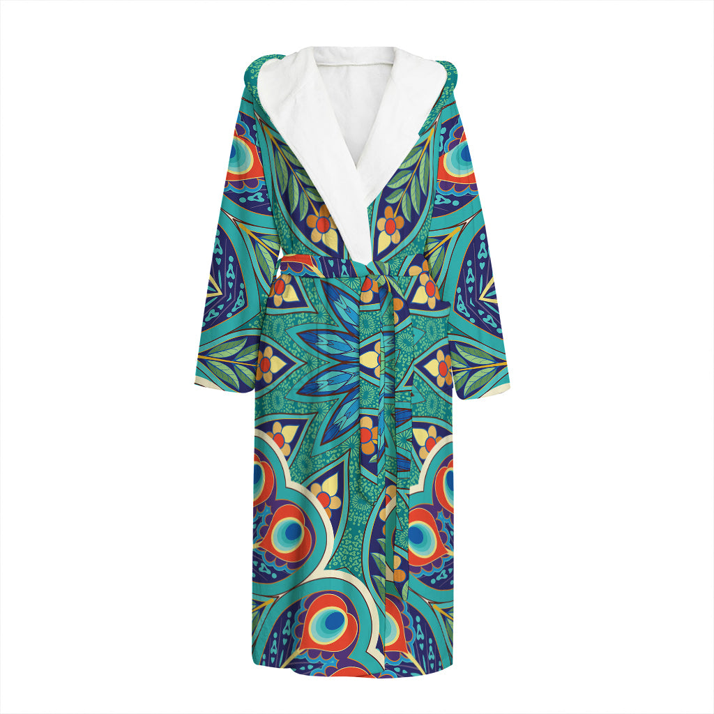 Peacock Feather Floral Pattern Print Hooded Bathrobe