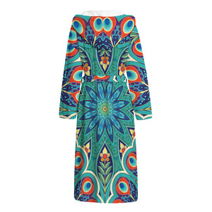 Peacock Feather Floral Pattern Print Hooded Bathrobe