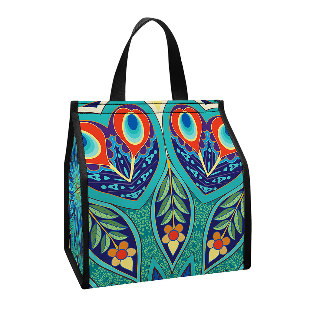 Peacock Feather Floral Pattern Print Insulated Lunch Tote