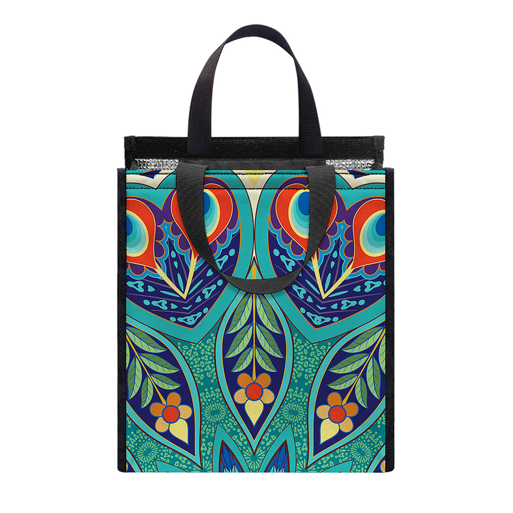 Peacock Feather Floral Pattern Print Insulated Lunch Tote