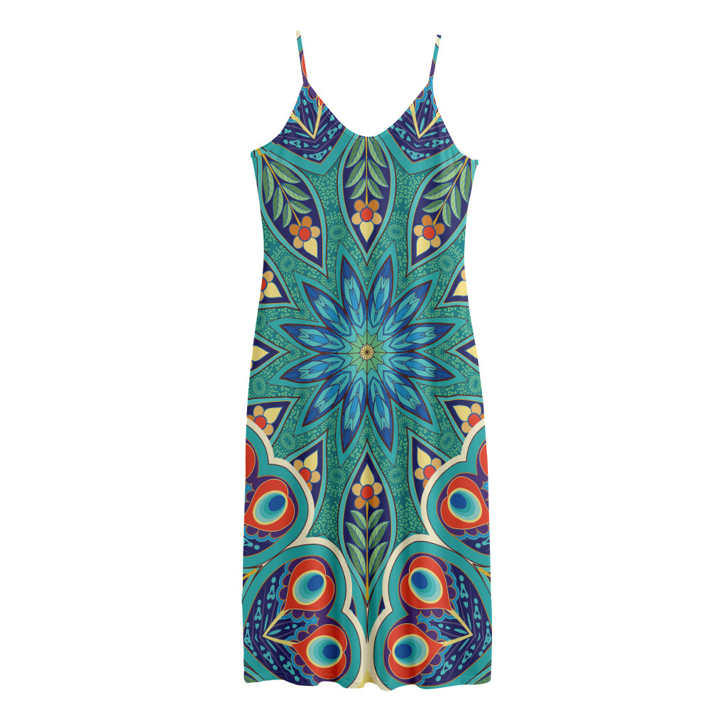 Peacock Feather Floral Pattern Print Jersey Midi Cami Dress