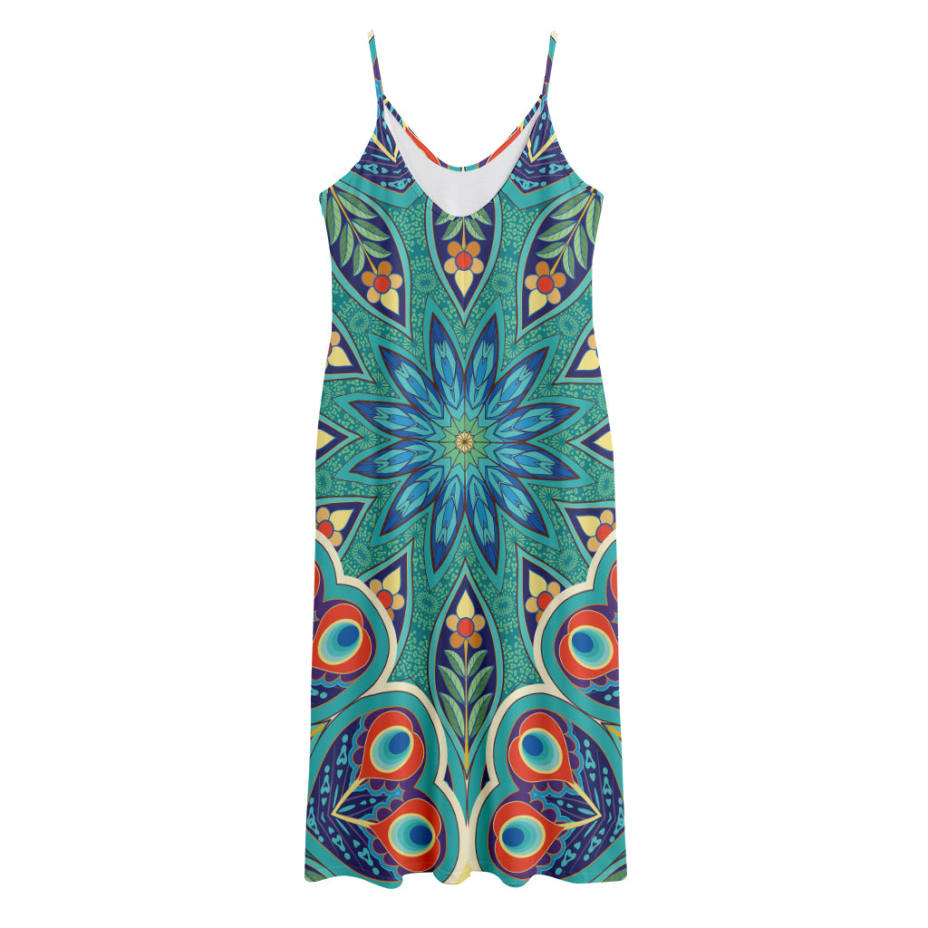 Peacock Feather Floral Pattern Print Jersey Midi Cami Dress