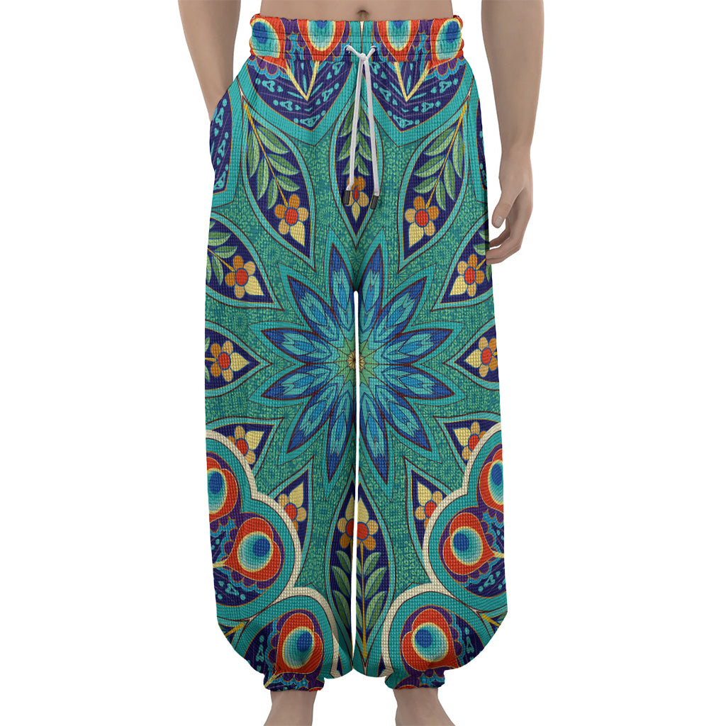 Peacock Feather Floral Pattern Print Lantern Pants