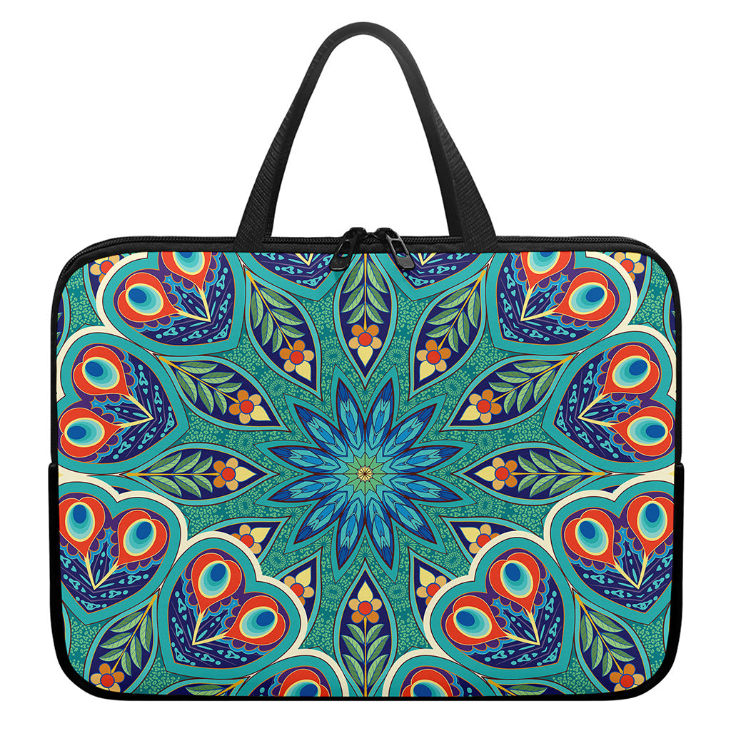 Peacock Feather Floral Pattern Print Laptop Sleeve With Handle