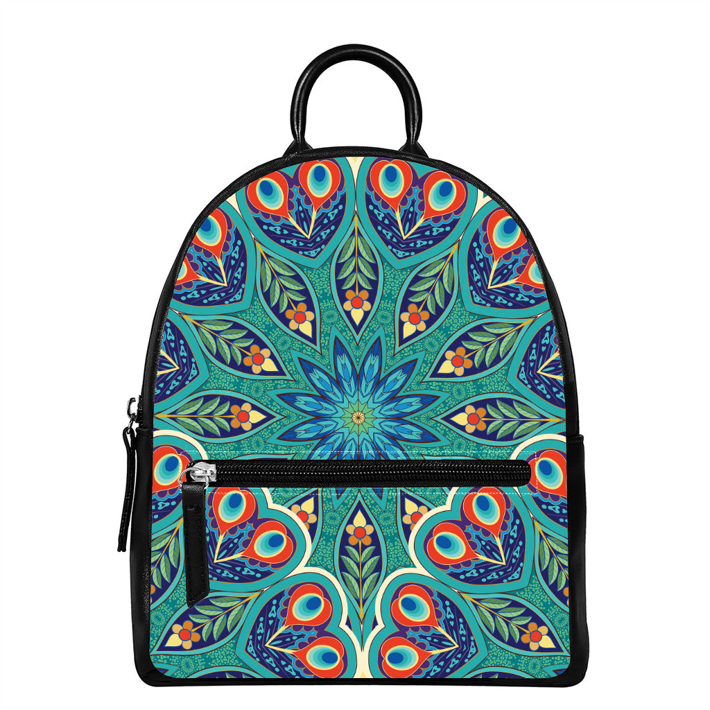 Peacock Feather Floral Pattern Print Leather Backpack