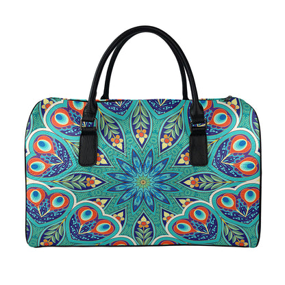 Peacock Feather Floral Pattern Print Leather Duffle Bag
