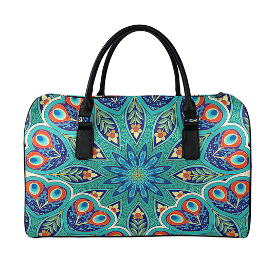 Peacock Feather Floral Pattern Print Leather Duffle Bag