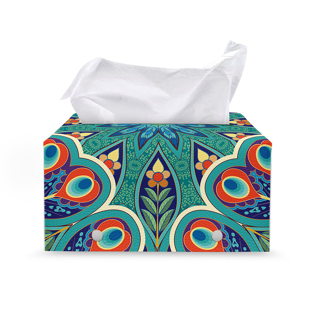 Peacock Feather Floral Pattern Print Leather Tissue Box Cover