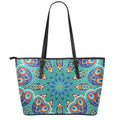 Peacock Feather Floral Pattern Print Leather Tote Bag With Zipper