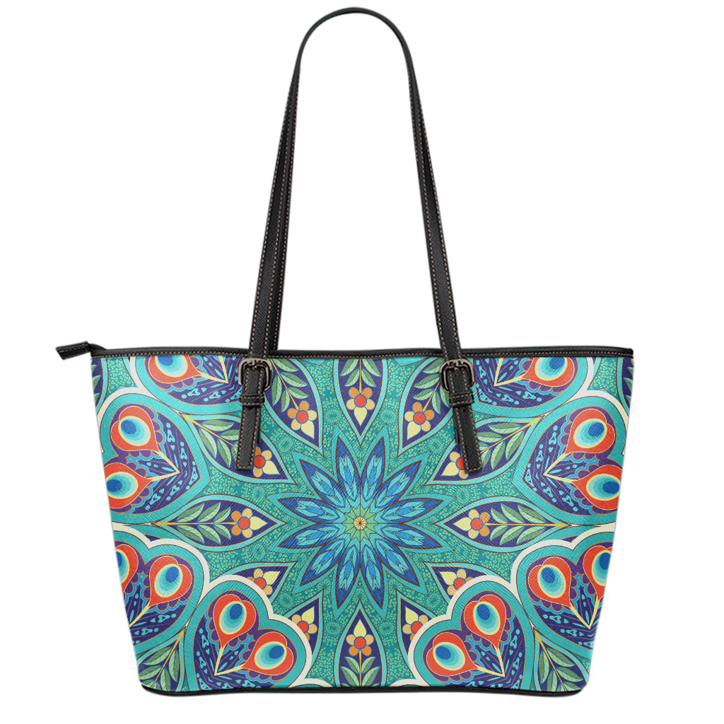Peacock Feather Floral Pattern Print Leather Tote Bag