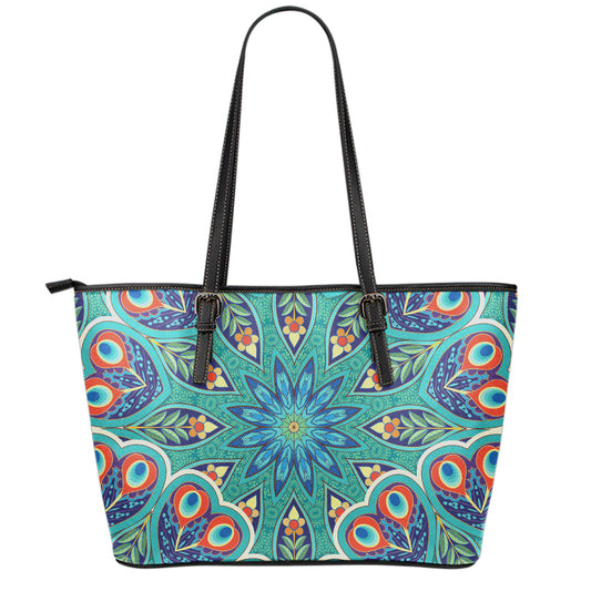 Peacock Feather Floral Pattern Print Leather Tote Bag