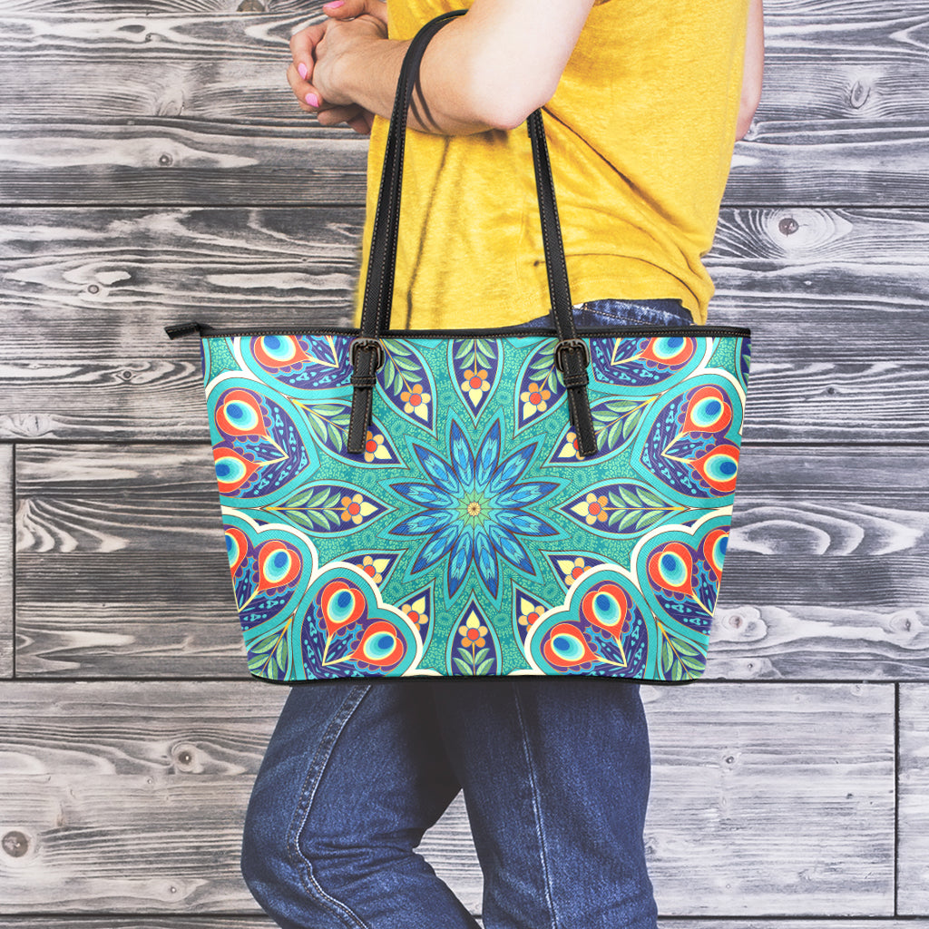 Peacock Feather Floral Pattern Print Leather Tote Bag