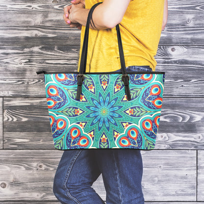 Peacock Feather Floral Pattern Print Leather Tote Bag