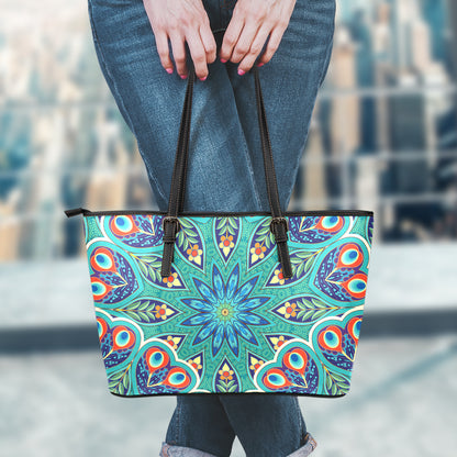 Peacock Feather Floral Pattern Print Leather Tote Bag